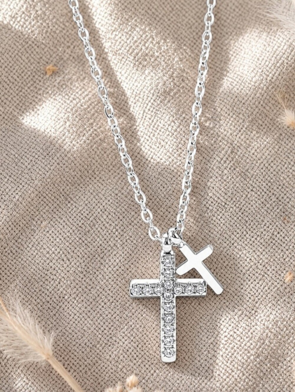 Silver Double Cross Pendant Necklace with Crystal Accents - Women Jewelry